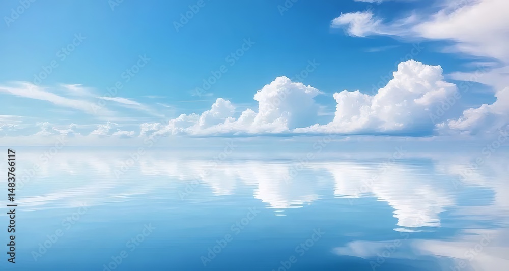 Aufkleber 穏やかな水面と青い空に浮かぶ白い雲のリフレクションの風景写真