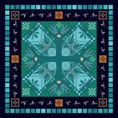 Geometric kaleidoscope pattern. Symmetrical square design in blue and teal.