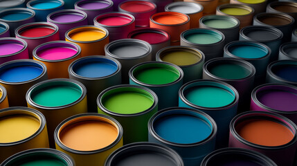 Fototapeta premium Vibrant array of paint cans showcasing a spectrum of colors for creative projects.