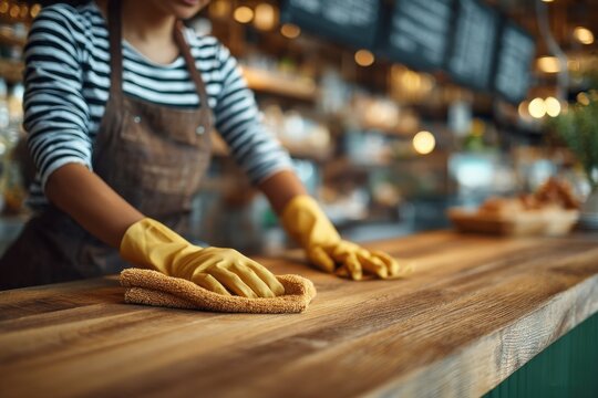 A worker in gloves cleaning and sanitizing a wooden table in a cafe, wiping down surfaces with a yellow cloth to maintain hygiene and cleanliness during service hours.