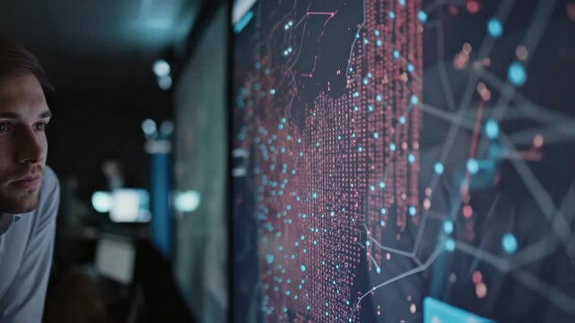 A focused scene where cybersecurity experts analyze a detailed threat map on a large interactive display their expressions serious as they track incoming attacks and coordinate defensive