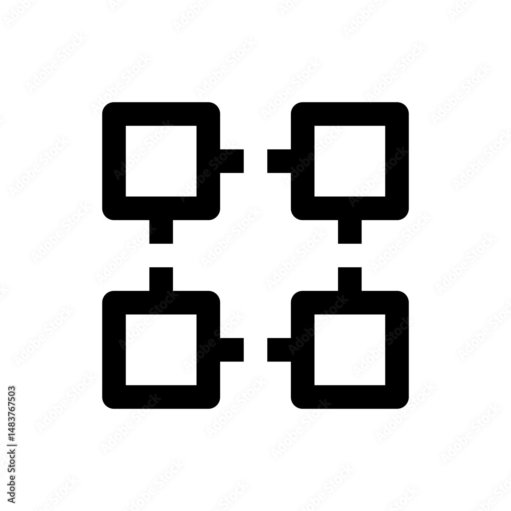 Poster four black rounded square icons connected by short lines in a grid pattern on a white background vie