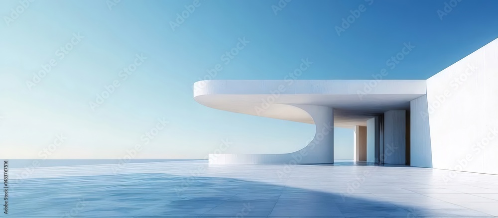 Poster 穏やかな青い空を背景にした白いミニマリスト建築の海のテラスからの眺め モダンなデザインが特徴的な建物の屋外景観