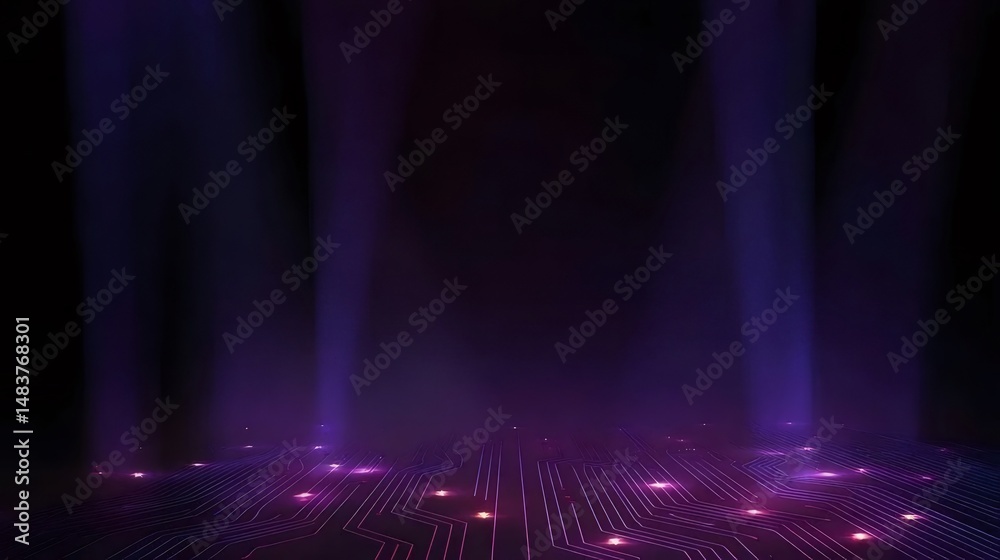 Aufkleber 紫色のスポットライトが付いた暗いステージ背景 紫色にライトアップされた床が特徴の抽象的な背景 輝きと粒子の効果を使用したモダンなデザイン