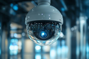 Cctv camera in supermarket, security or surveillance system in the store. Generative AI