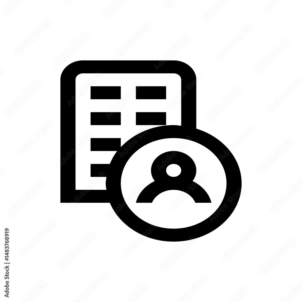 Poster Black outline of a building with rectangular windows and a person icon overlapping it on the right side