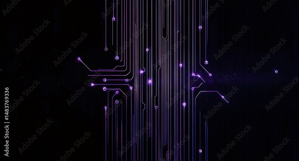 Poster 紫色の回路基板の抽象的な背景 未来的なテクノロジーデザインと暗い背景に光るデジタルネットワーク