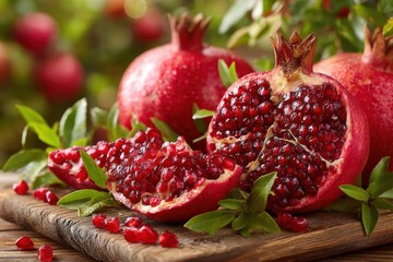 A vibrant still life featuring ripe pomegranates on a rustic wooden surface, showcasing the juicy seeds and rich red color against a leafy green backdrop.