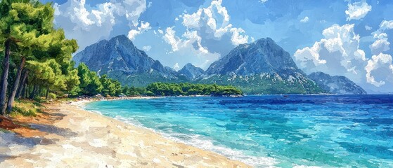 Serene beach scene with turquoise water lapping a sandy shore, backed by majestic mountains under a bright, cloud-filled sky and lush green trees