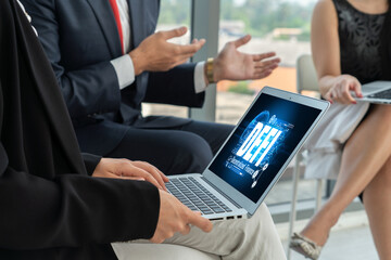 Decentralized finance or DeFi concept on modish computer screen . The defi system give new choice of investment and money saving .