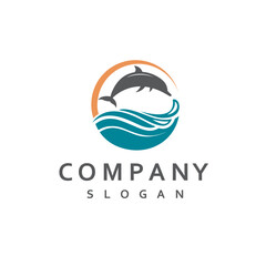 emblem of dolphin, sun and sea waves isolated on white background