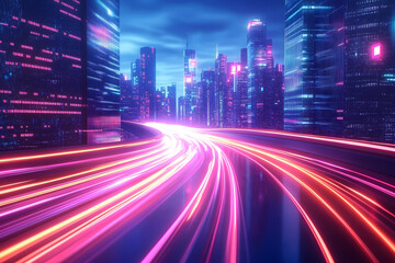 Obraz premium A path is illuminated by swift light trails as they make their way through a modern, high-tech city, replete with towering skyscrapers, a neon-lit landscape, and an array of innovative technologies,