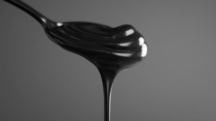 A close-up of a spoon dripping with black syrup against a smooth gray backdrop.