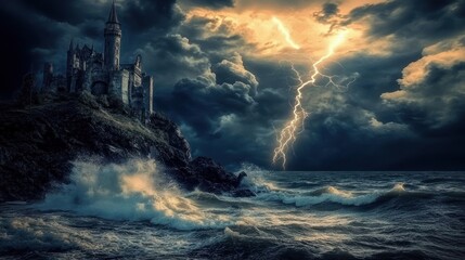 Stormy Seas and a Cliffside Castle: A Dramatic Nightscape