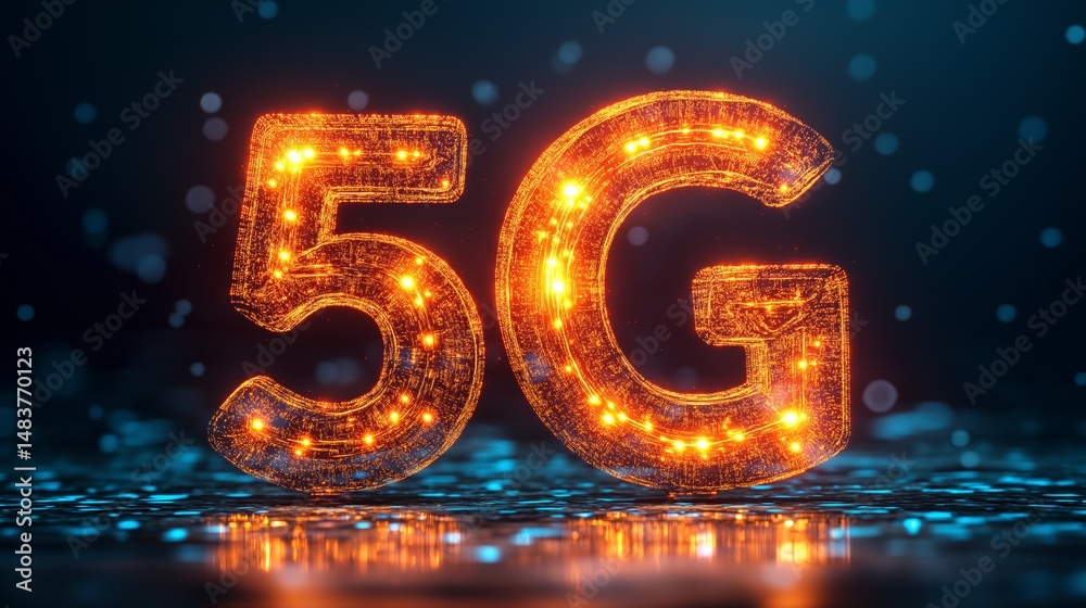Poster Glowing orange 5G letters illuminated against dark digital background as symbol for high-speed network technology, Generative AI
