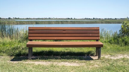 Serene Wooden Park Bench by Calm Lake Nature Scene