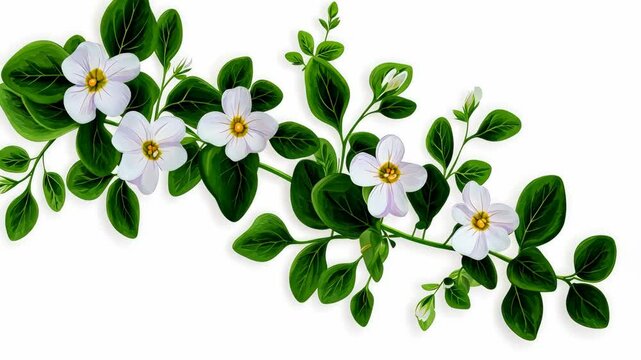 A white flower with green leaves is shown in a row. The flowers are arranged in a way that they are all facing the same direction