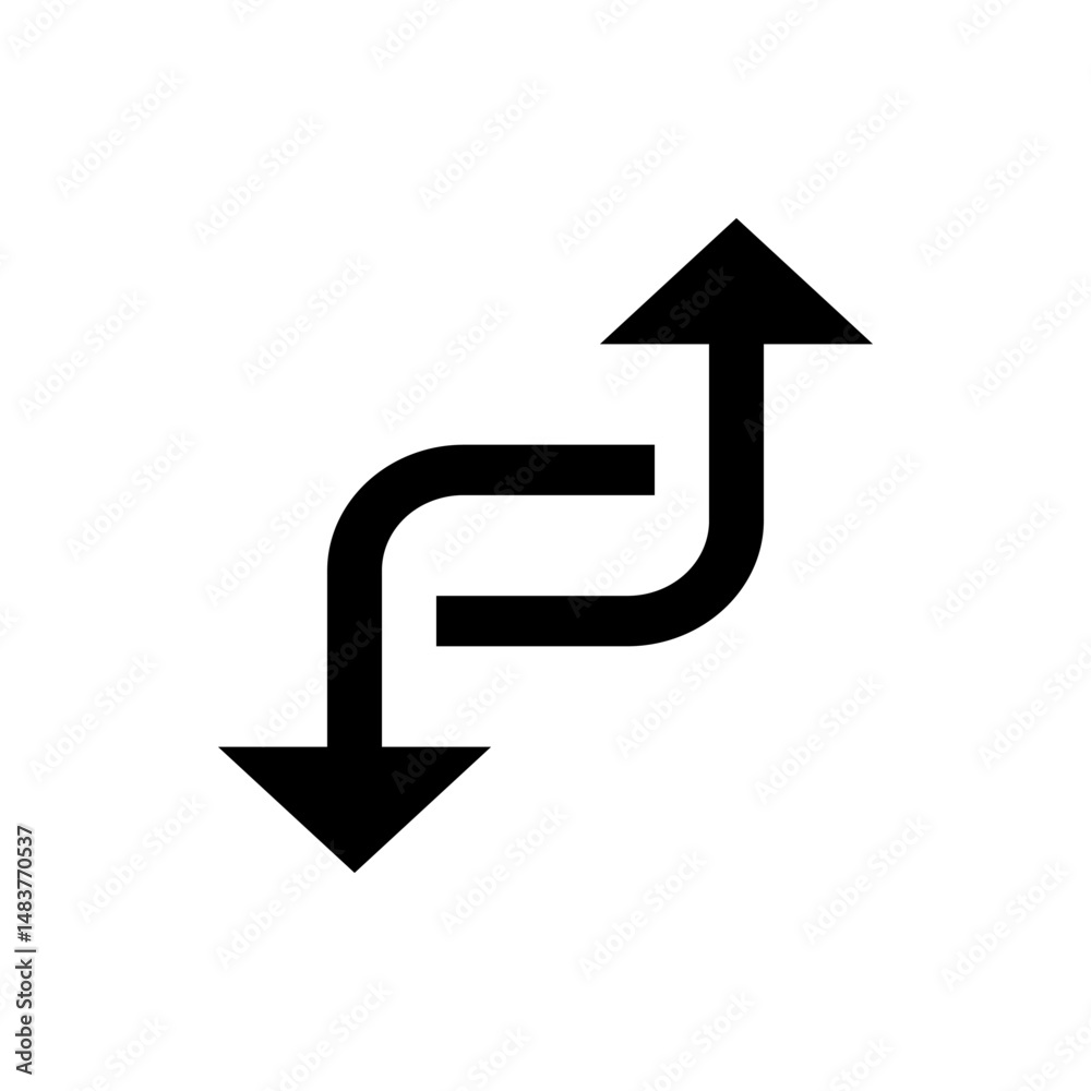 Poster black arrow icon showing a path going up and down with a curved shape on a white isolated background