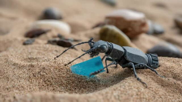 A detailed image of a robot beetle extending its mechanical appendage to grasp a bright blue piece of microplastic contrasting sharply with the natural textures of the beach environment.