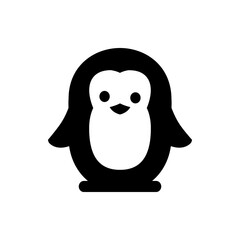 Illustration of a stylized penguin with a white belly and black body standing upright and looking forward