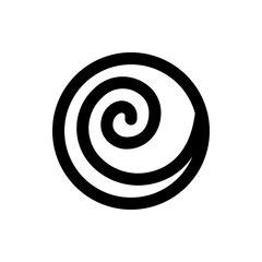 A simple graphic of a black and white circular design featuring a spiral shape inside the circle element