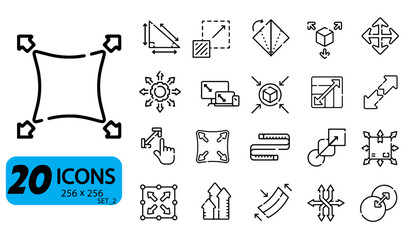 Set of 20 Resize and Transform Icons, Outline Style, 256x256 Pixels