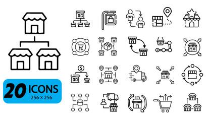 Set of 20 Chain Store and Franchise Icons, Outline Style, 256x256 Pixels