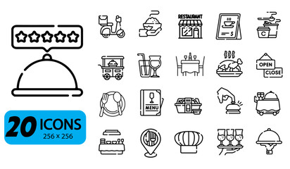 Set of 20 Catering and Restaurant Service Icons, Outline Style, 256x256 Pixels