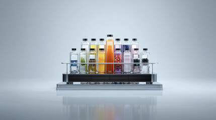 A colorful array of beverages displayed in clear glass bottles on a sleek stand.
