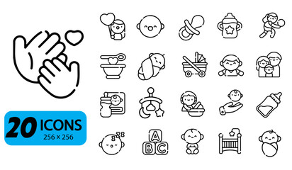 Set of 20 Baby and Childcare Icons, Outline Style, 256x256 Pixels