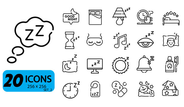 Set of 20 Sleep and Bedtime Icons, Outline Style, 256x256 Pixels