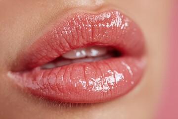 Fototapeta premium Close-up view of a woman's glossy and plump lips with soft pink lipstick, creating an alluring and glamorous look against a blurry pink background.