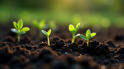 Fototapeta premium Fertile black soil with young green sprouts emerging, detailed macro texture with water droplets, natural growth concept.