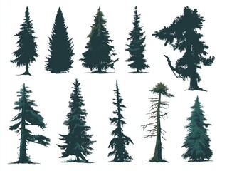 Fototapeta premium Assorted pine and spruce tree silhouettes in stylized forest collection for natural wilderness and outdoor scenes, Generative AI