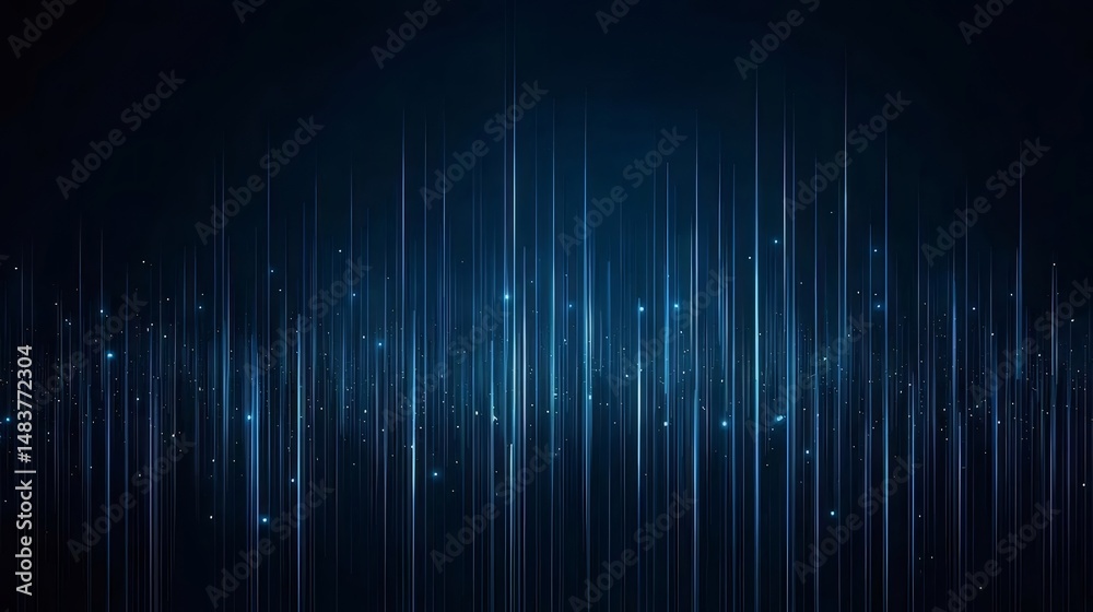 Poster 暗い青色の背景に垂直の明るい青色の線と小さな輝き粒子を持つ抽象的な未来的なデザインの背景