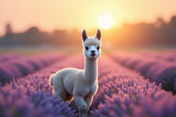 Fototapeta premium Alpaca in Lavender Field: A charming alpaca stands gracefully amidst a field of blooming lavender under the warm glow of the rising or setting sun.
