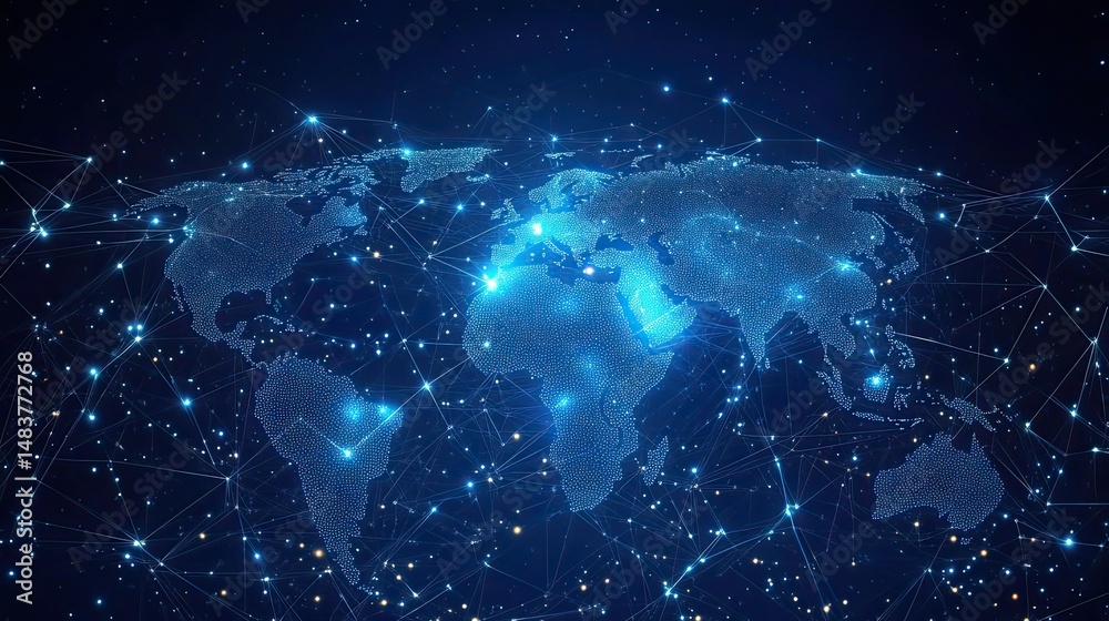 Wall mural illuminated world map with connected dots and lines on a dark blue starry background concept image
