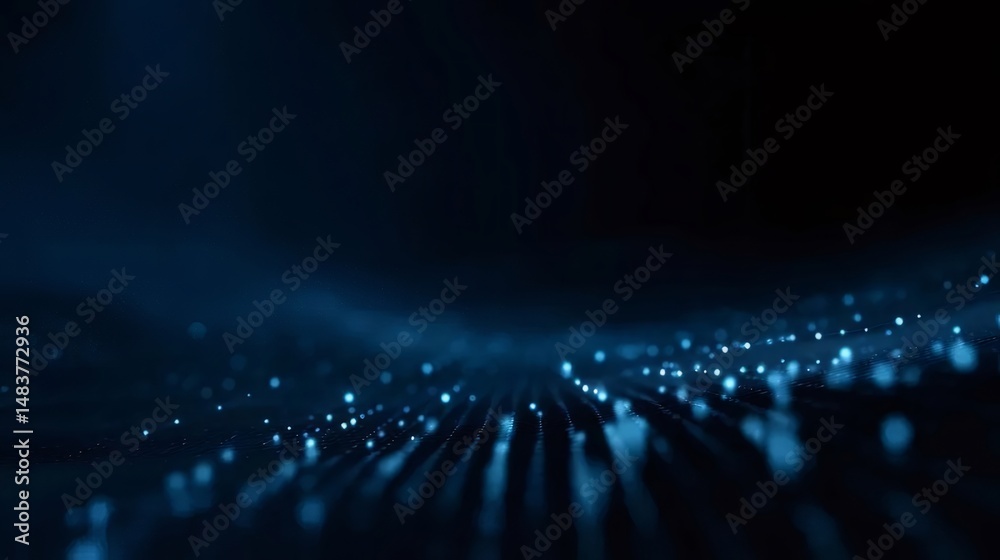 Poster 青色の粒子が流れる抽象的な背景 ぼかし効果のある暗い背景に輝く光のラインとドット 未来的な技術デザイン