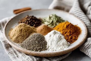 An assortment of aromatic culinary spices and herbs, including turmeric, pepper, and herbs, artfully arranged on a plate, ready to enhance the flavor of any dish.