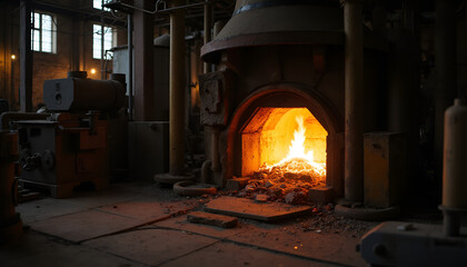 Industrial furnace in a dark workshop, glowing fire inside, warm atmosphere, copy space
