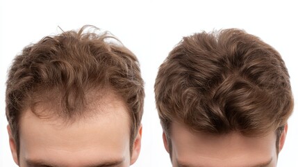Hair loss treatment process showing receding hairline restoration, capturing clinical comparison results from overhead view against neutral white background