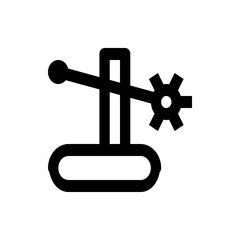 Stylized black and white drawing of a mechanism with a gear a lever and a rounded rectangular base