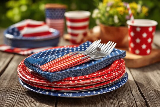 Festive 4th of July picnic set with patriotic plates, napkins and cutlery on a rustic wooden table, outdoors for a summer celebration and national pride. - Powered by Adobe