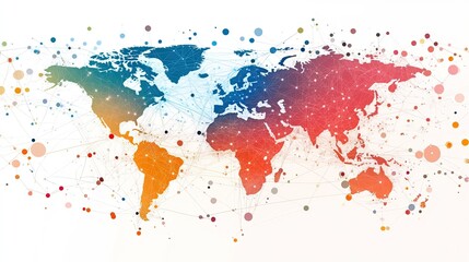 A colorful world map with interconnected dots and lines on a white background illustration design