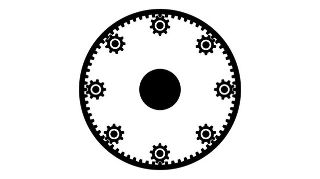 A rotating gear in the center, eight gears interlock around it, and all of this is inside a larger gear. Seamless gears system animation.