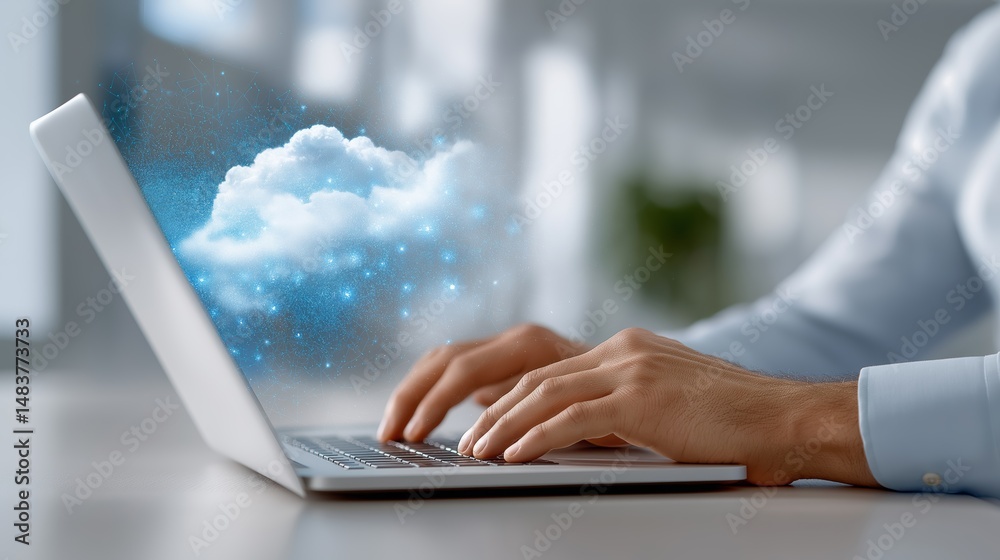 Aufkleber person typing on laptop with floating digital cloud symbolizing cloud computing, storage, and online