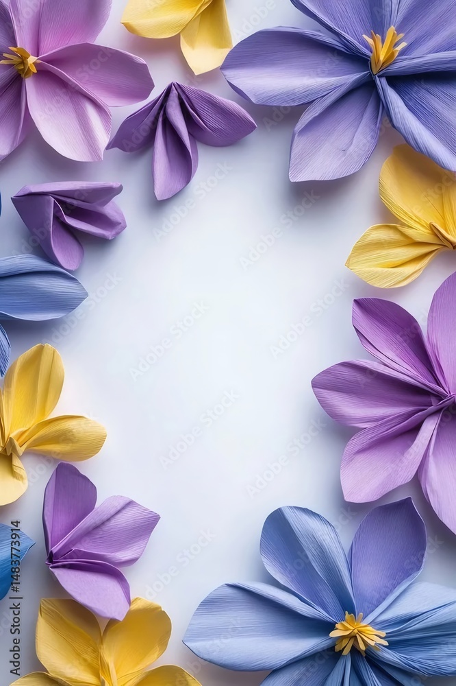 Poster 紫色の青と黄色の紙の花の配置と白い背景に春のフローラルのパステル カラー テンプレート