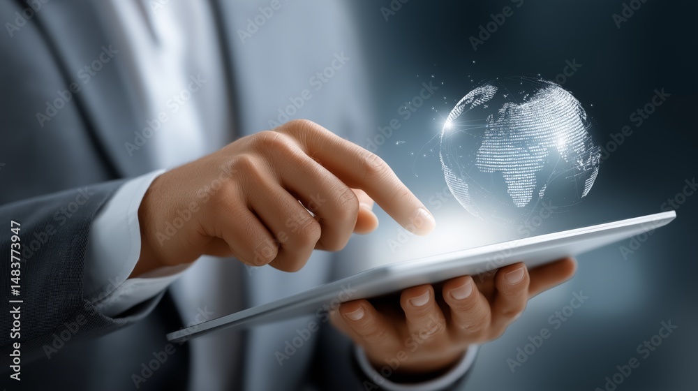 Poster Hand holding a tablet with a glowing digital globe symbolizing global connectivity and virtual interaction in modern business, Generative AI
