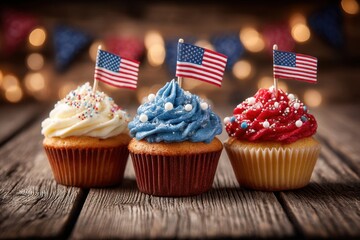 Celebratory cupcakes decorated with red, white, and blue frosting, and American flags on a wooden table, symbolizing patriotism and Independence Day.