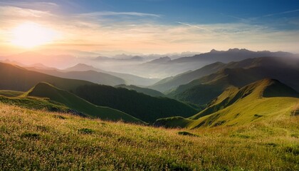 tranquil mountain landscape in soft morning light with rolling hills and misty peaks